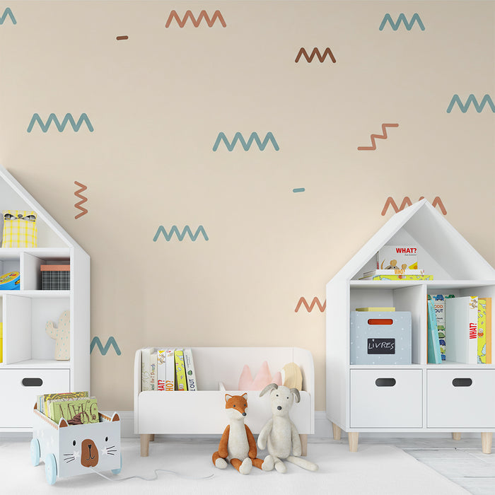 Babyzimmer Tapete | Bunte geometrische Muster auf sanftem Grund