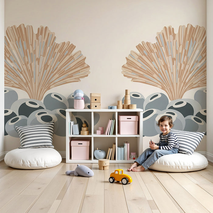 Papel de parede quarto bebê | Decoração marinha com coral e seixos estilizados