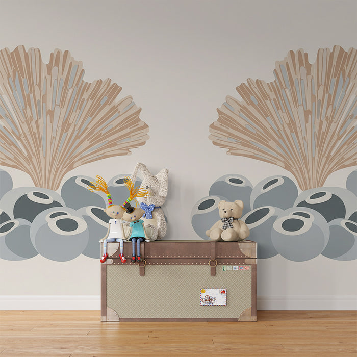 Papel de parede quarto bebê | Decoração marinha com coral e seixos estilizados