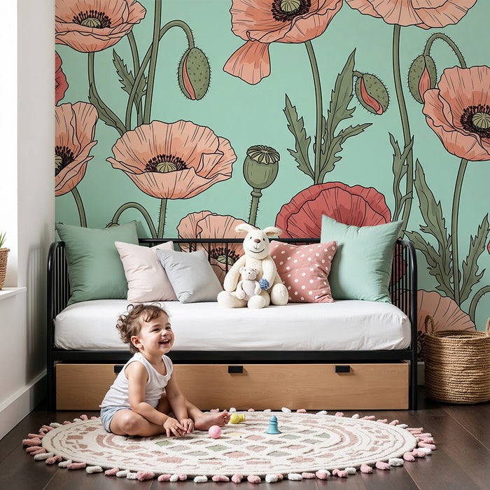 Nursery room wallpaper | Delicate poppies on a pastel background