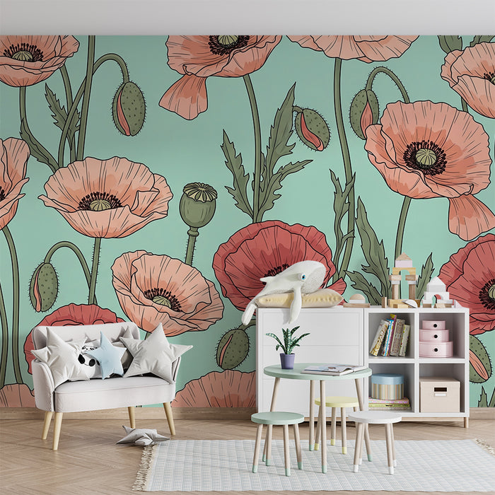Nursery room wallpaper | Delicate poppies on a pastel background