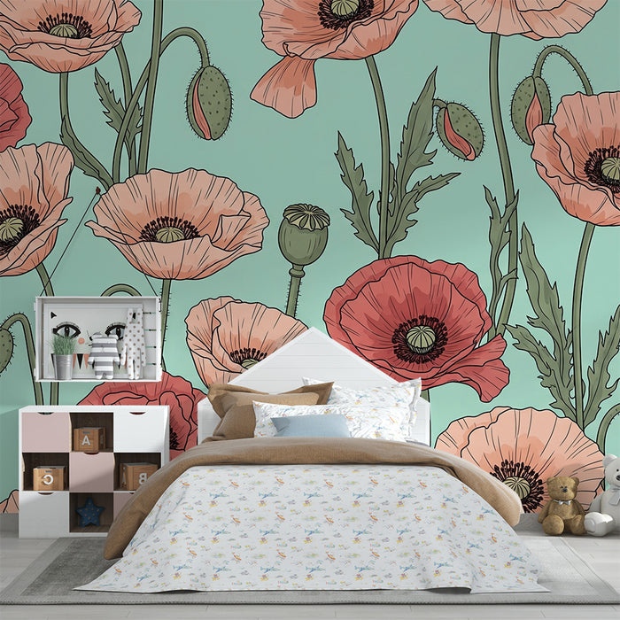 Nursery room wallpaper | Delicate poppies on a pastel background