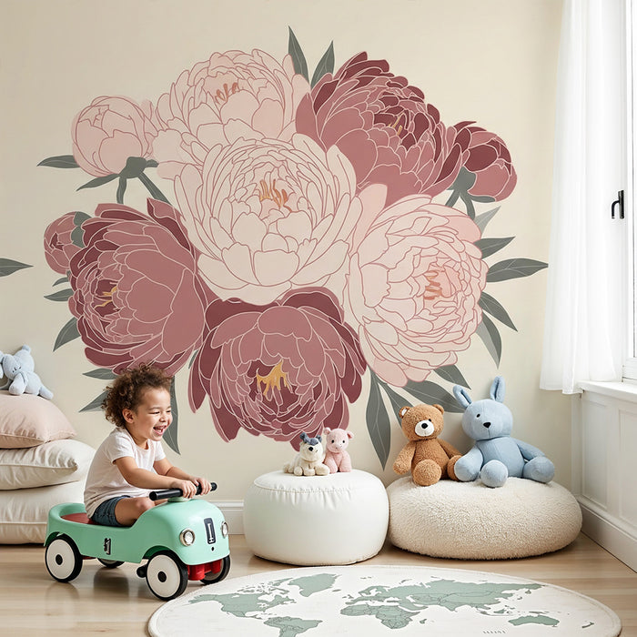 Papier peint chambre bébé | Délicates pivoines roses sur fond doux