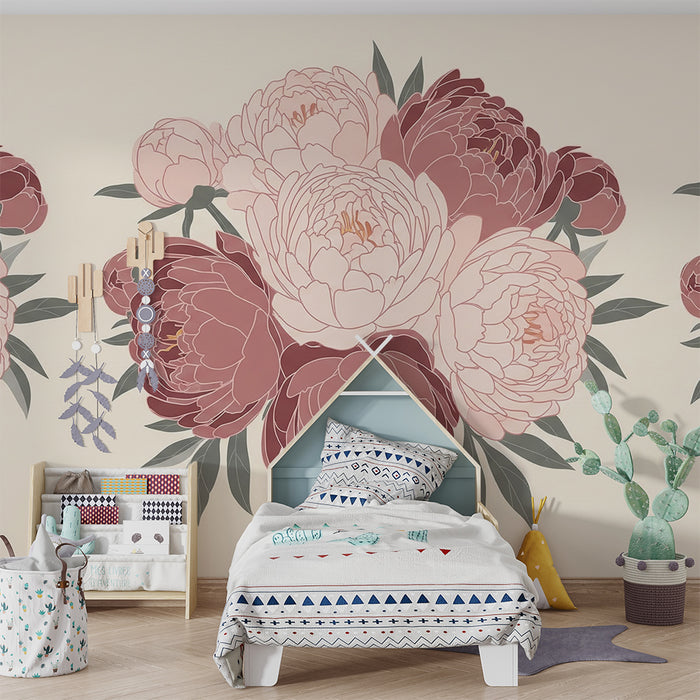 Papier peint chambre bébé | Délicates pivoines roses sur fond doux