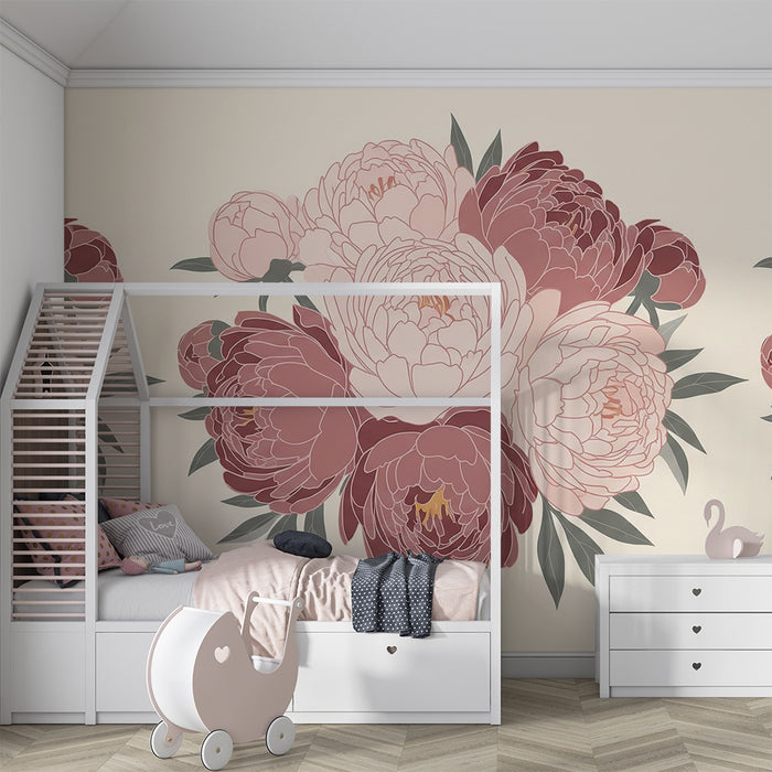 Papier peint chambre bébé | Délicates pivoines roses sur fond doux