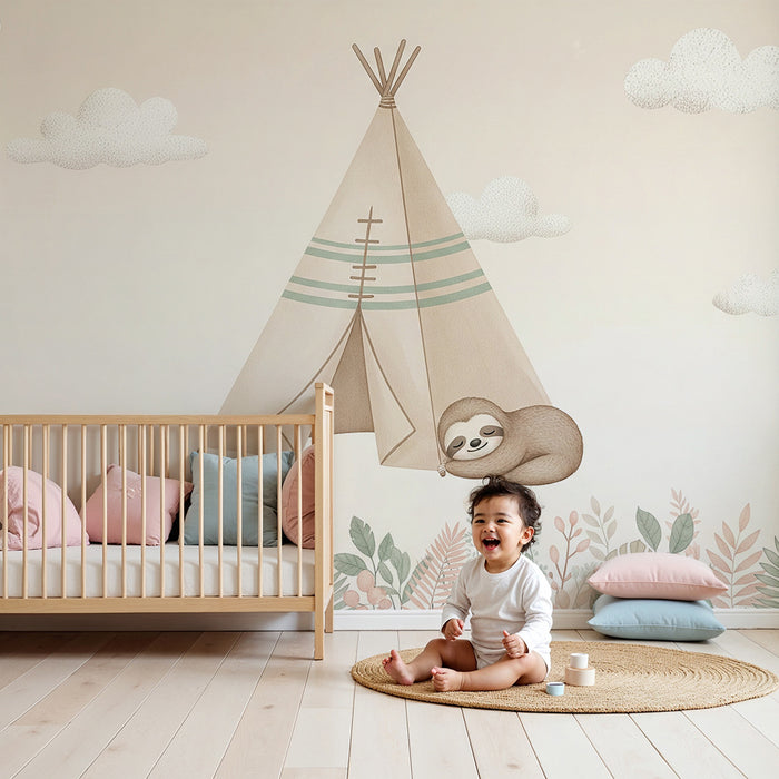 Papier peint chambre bébé | Détente sous le tipi avec paresseux