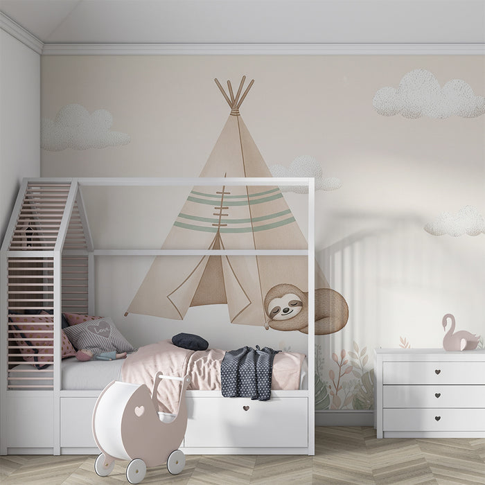 Papier peint chambre bébé | Détente sous le tipi avec paresseux