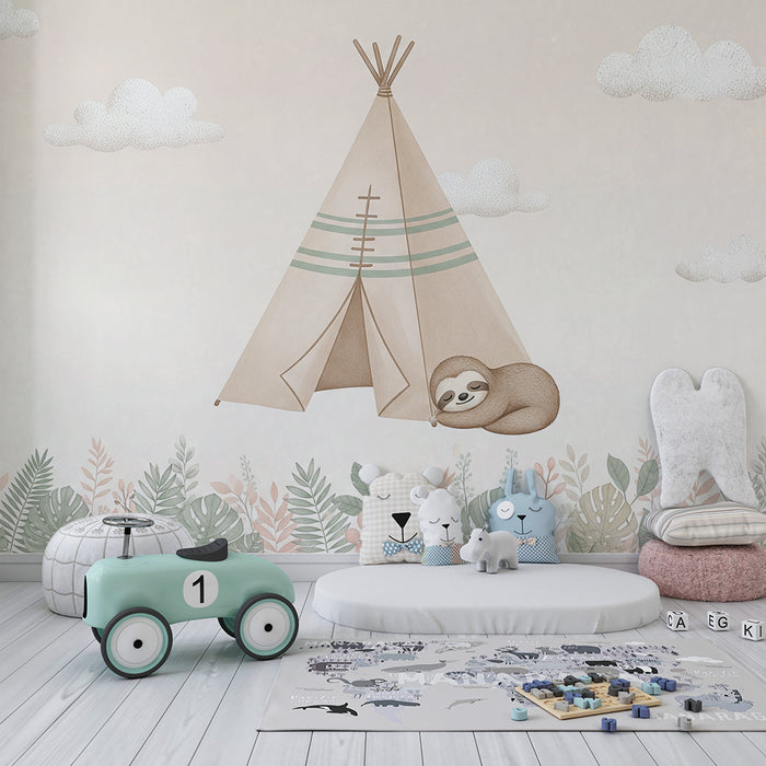 Papier peint chambre bébé | Détente sous le tipi avec paresseux