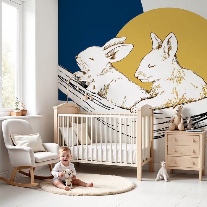 Tapety dla dzieci | Dwa urocze króliki odpoczywające w hamaku pod kolorowym niebem