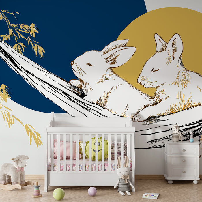 Tapety dla dzieci | Dwa urocze króliki odpoczywające w hamaku pod kolorowym niebem