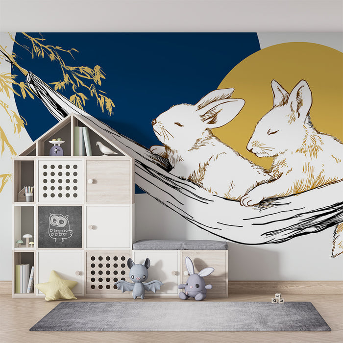 Tapety dla dzieci | Dwa urocze króliki odpoczywające w hamaku pod kolorowym niebem