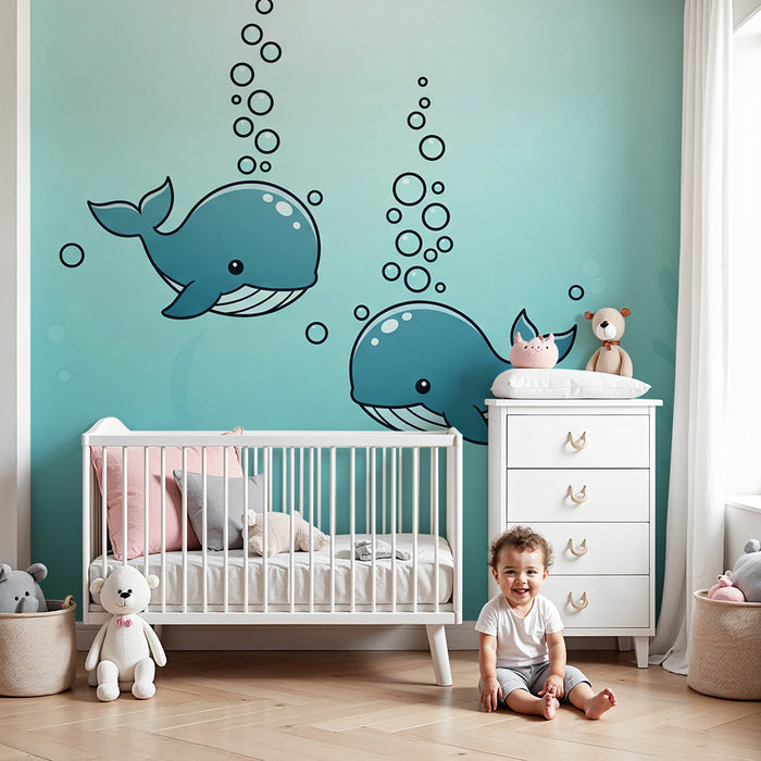 Papier peint chambre bébé | Deux baleines joyeuses dans un océan apaisant
