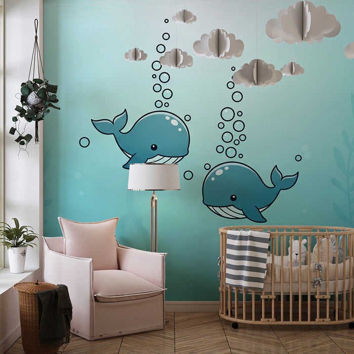 Papier peint chambre bébé | Deux baleines joyeuses dans un océan apaisant