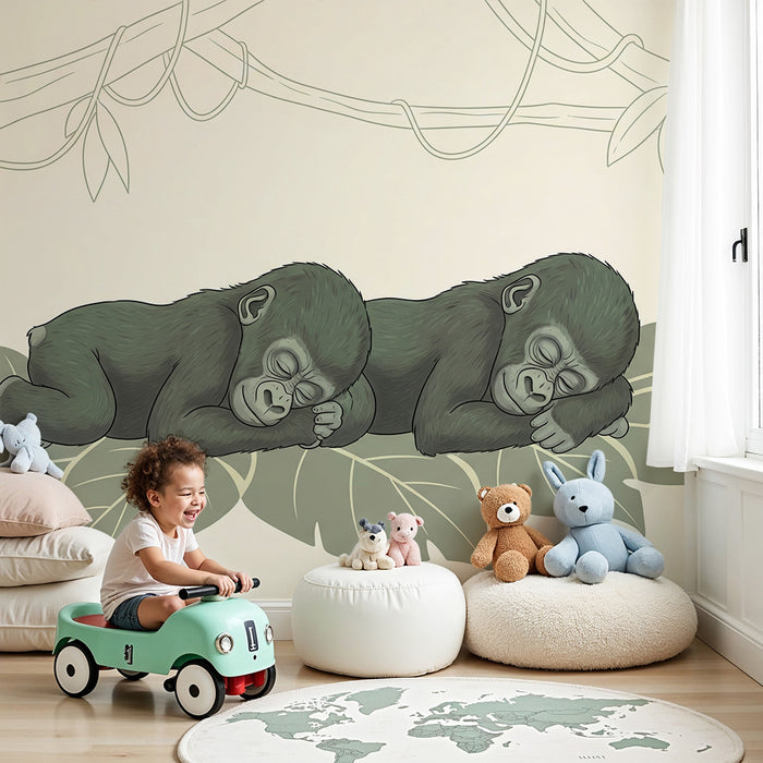 Papier peint chambre bébé | Deux gorilles endormis sur des feuilles tropicales