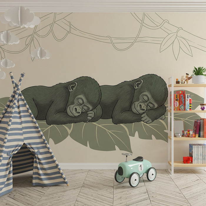 Papier peint chambre bébé | Deux gorilles endormis sur des feuilles tropicales