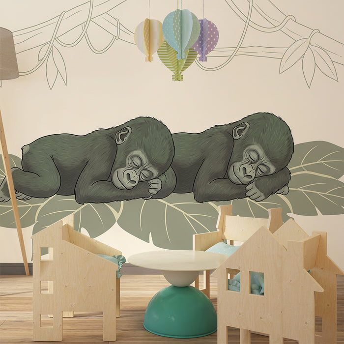 Papier peint chambre bébé | Deux gorilles endormis sur des feuilles tropicales