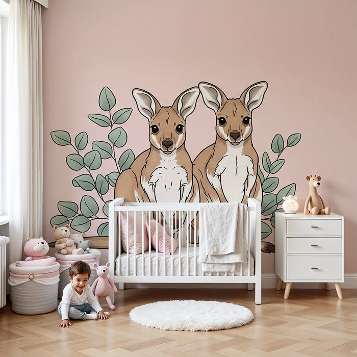 Papier peint chambre bébé | Deux kangourous adorables entourés de feuillage doux