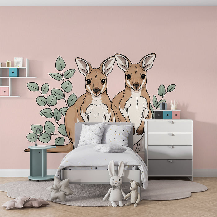 Papier peint chambre bébé | Deux kangourous adorables entourés de feuillage doux