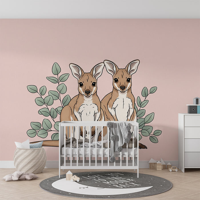 Papier peint chambre bébé | Deux kangourous adorables entourés de feuillage doux