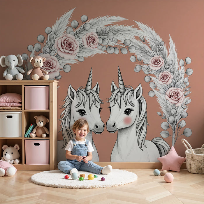 Paberi tapeet beebi tuba | Kaks armastatud ükssarvikut ümbritsetud lilledest