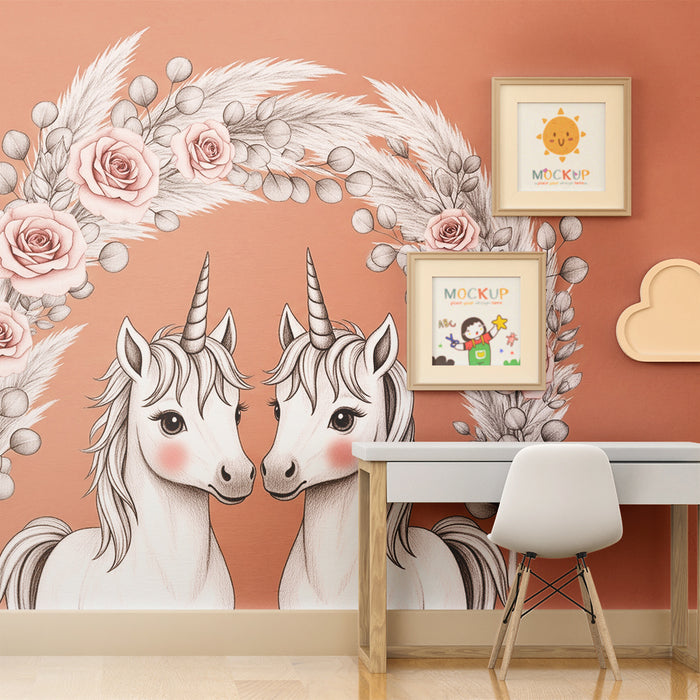 Paberi tapeet beebi tuba | Kaks armastatud ükssarvikut ümbritsetud lilledest