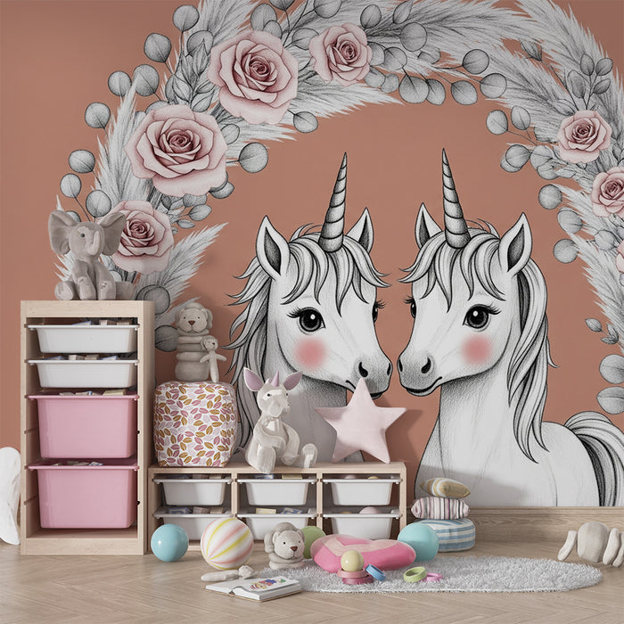 Paberi tapeet beebi tuba | Kaks armastatud ükssarvikut ümbritsetud lilledest