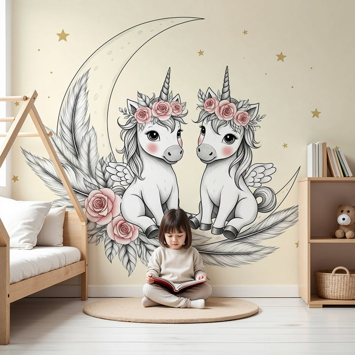 Tapet camera bebeluși | Două licorne magice sub lună