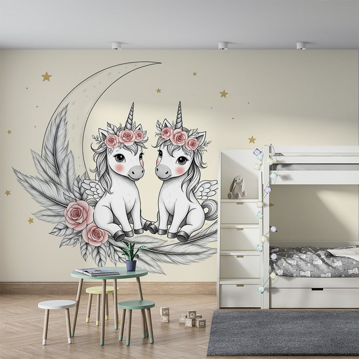 Tapet camera bebeluși | Două licorne magice sub lună