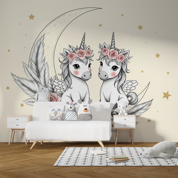 Tapet camera bebeluși | Două licorne magice sub lună