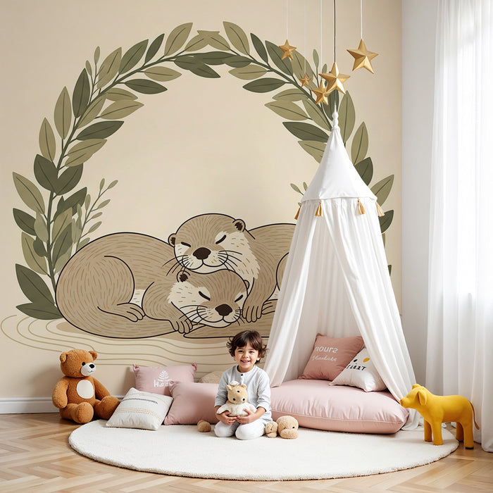 Papier peint chambre bébé | Deux loutres câlines entourées de feuillage