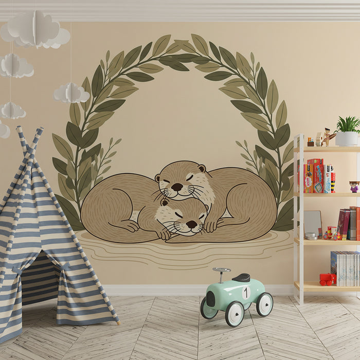 Papier peint chambre bébé | Deux loutres câlines entourées de feuillage
