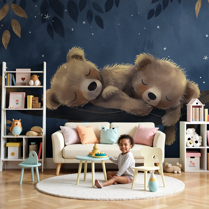 Lastenhuoneen tapetti | Kaksi nukahtanutta pientä karhua tähtitaivaan alla