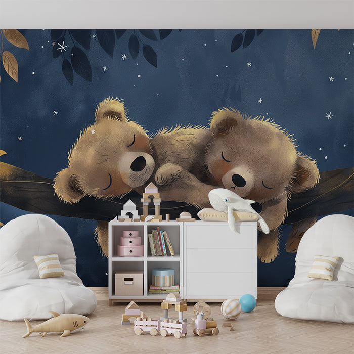 Lastenhuoneen tapetti | Kaksi nukahtanutta pientä karhua tähtitaivaan alla