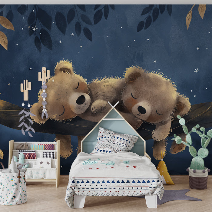 Lastenhuoneen tapetti | Kaksi nukahtanutta pientä karhua tähtitaivaan alla