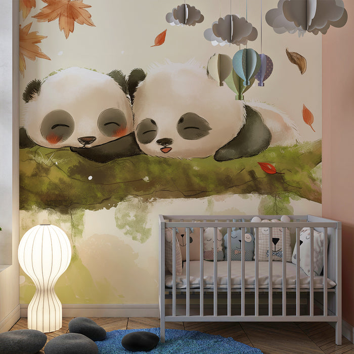 Papel pintado infantil | Dos pandas dormidos en una rama con hojas de otoño