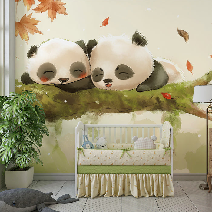 Papel pintado infantil | Dos pandas dormidos en una rama con hojas de otoño