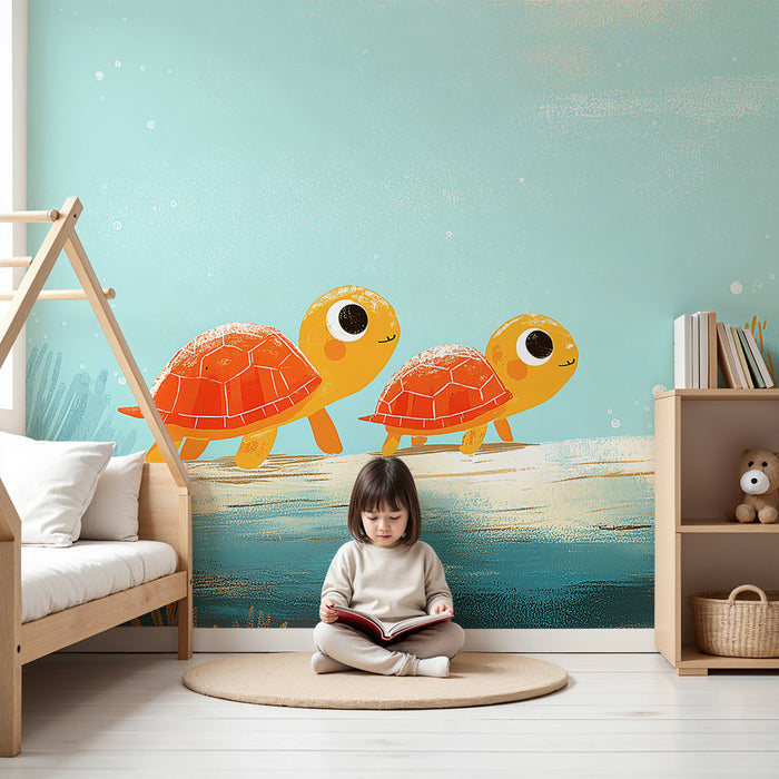 Papel pintado infantil | Dos pequeñas tortugas felices explorando el fondo marino