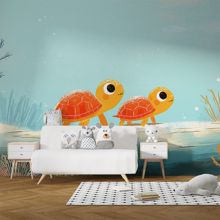 Papel pintado infantil | Dos pequeñas tortugas felices explorando el fondo marino