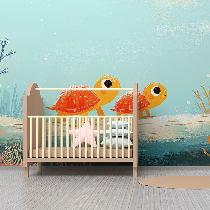 Papel pintado infantil | Dos pequeñas tortugas felices explorando el fondo marino