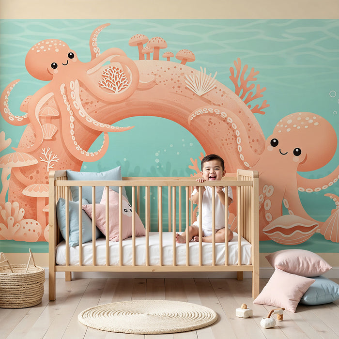 Papier peint chambre bébé | Deux pieuvres joyeuses dans un monde sous-marin coloré