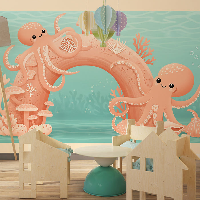 Papier peint chambre bébé | Deux pieuvres joyeuses dans un monde sous-marin coloré