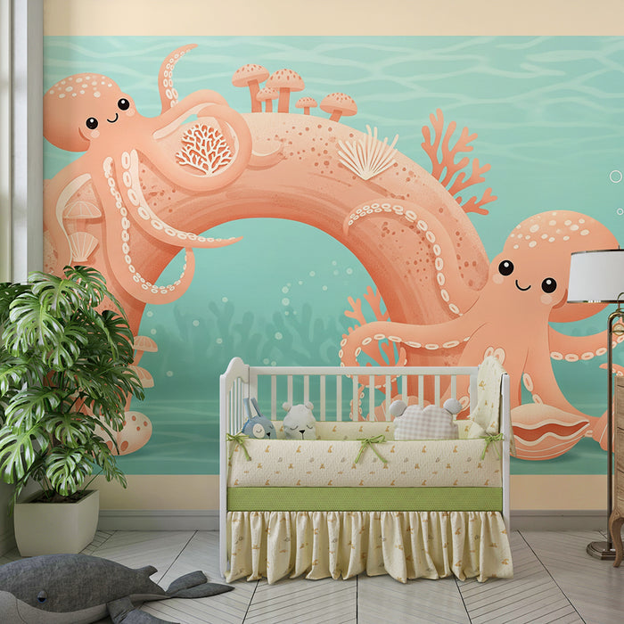 Papier peint chambre bébé | Deux pieuvres joyeuses dans un monde sous-marin coloré