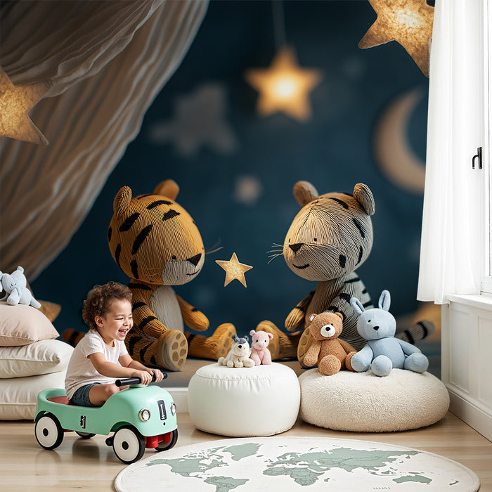 Papier peint chambre bébé | Deux tigres adorables sous un ciel étoilé