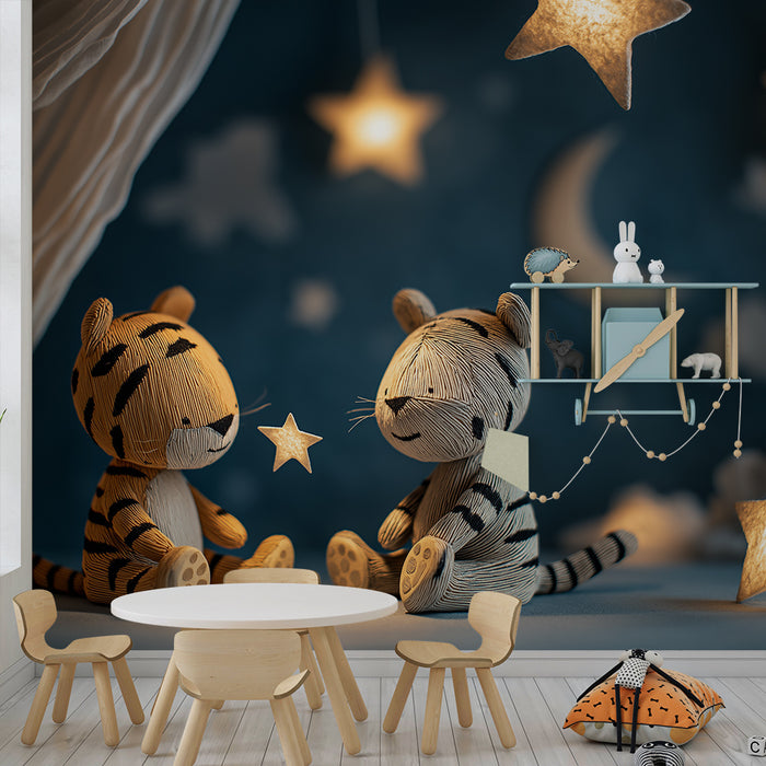 Papier peint chambre bébé | Deux tigres adorables sous un ciel étoilé