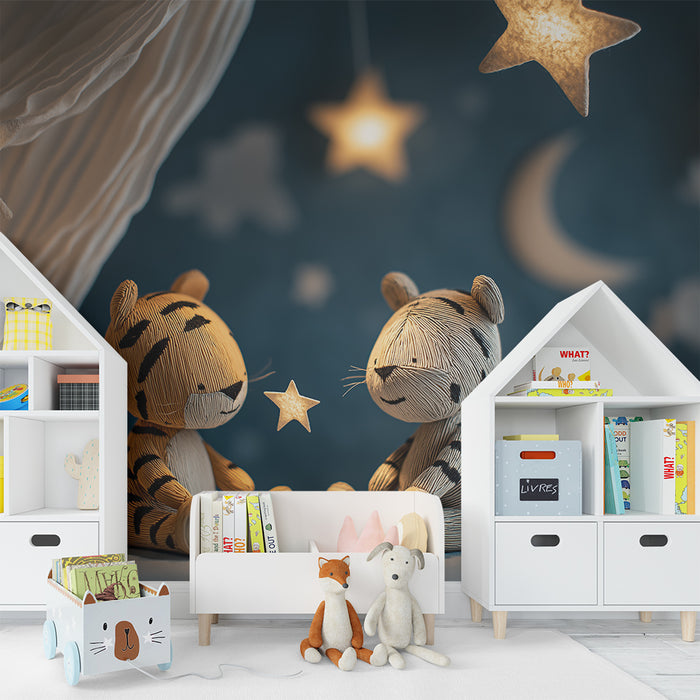 Papier peint chambre bébé | Deux tigres adorables sous un ciel étoilé