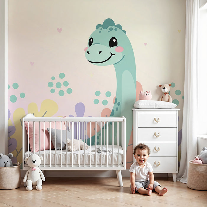 Barntapet | Leende dinosaurie mitt i färgglada löv