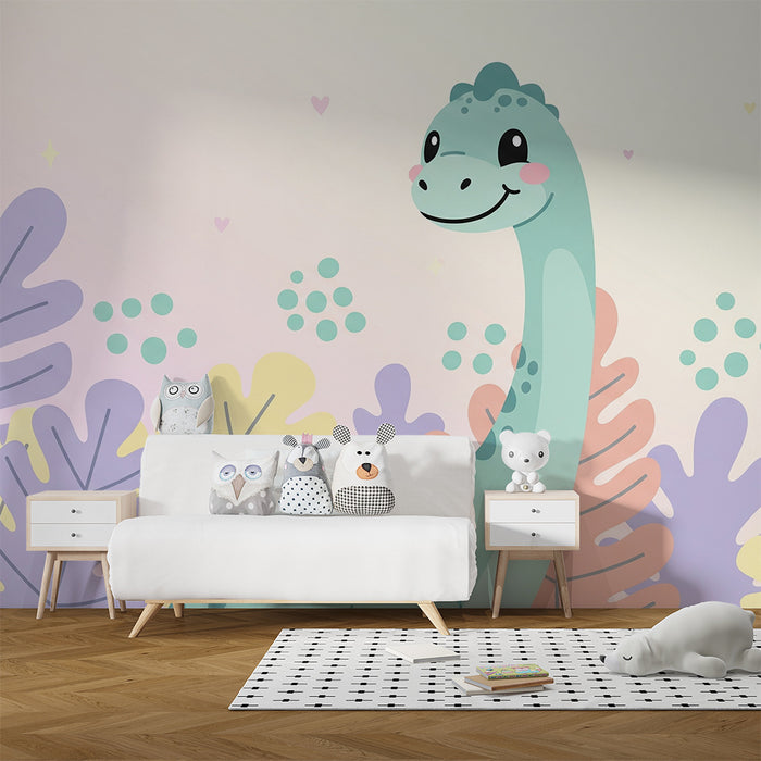 Barntapet | Leende dinosaurie mitt i färgglada löv