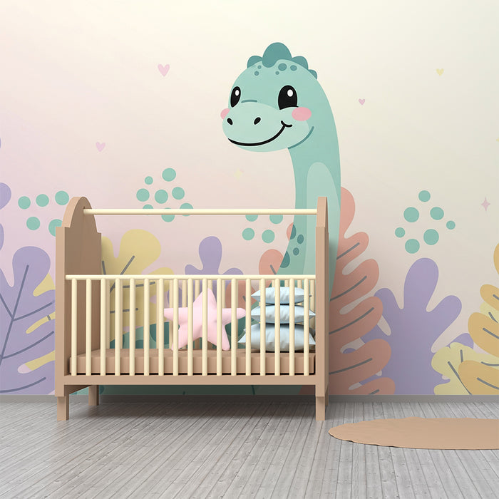 Barntapet | Leende dinosaurie mitt i färgglada löv