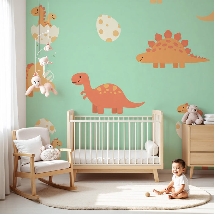Nursery room wallpaper | Happy dinosaurs and colorful eggs on a mint background