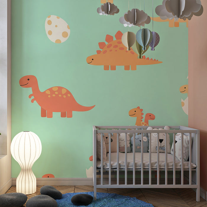 Nursery room wallpaper | Happy dinosaurs and colorful eggs on a mint background